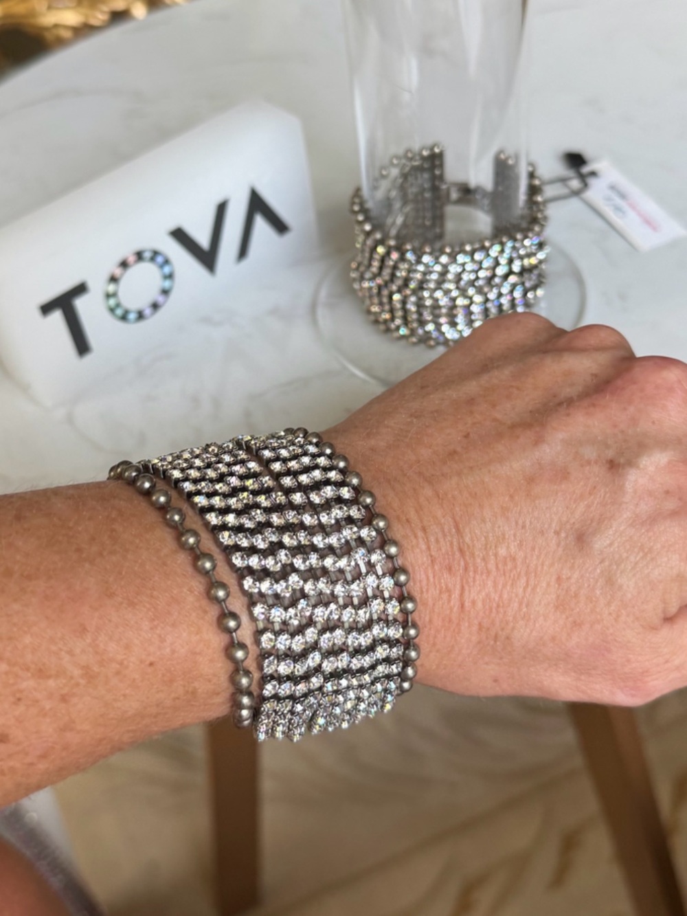 TOVA multi crystal Silver Crystal Runway Mesh Cuff